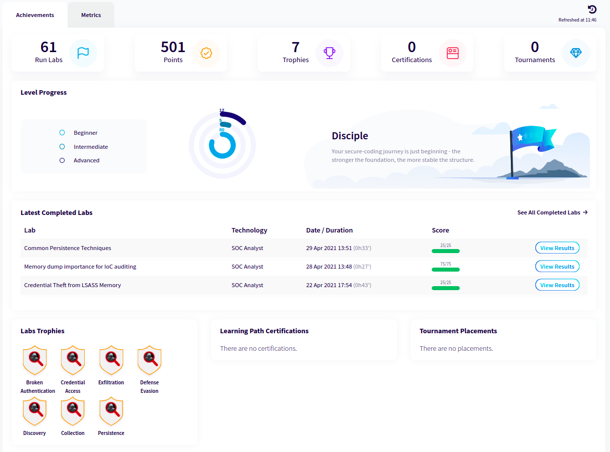 An example of Dashboard in accordance with the Gamification approach